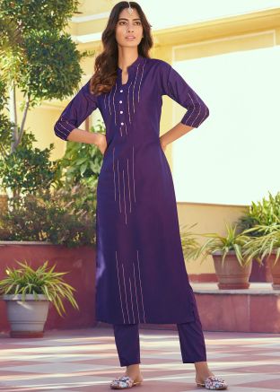 Readymade Purple Embroidered Kurta Set In Art Silk