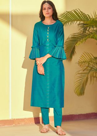 Readymade Purple Embroidered Kurta Set In Art Silk