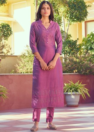 Readymade Purple Embroidered Kurta Set In Art Silk