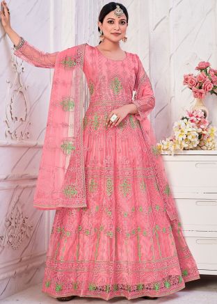 Pink Embroidered Abaya Style Suit Set