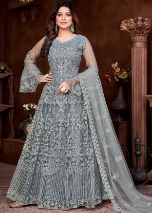 Grey Thread Embroidered Anarkali Suit Set
