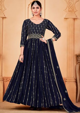 Blue Embroidered Georgette Anarkali Suit