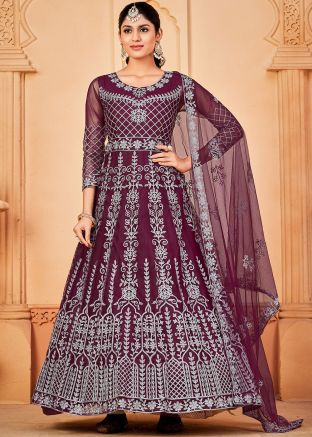 Purple Net Embroidered Anarkali Suit