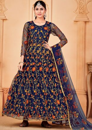 Blue Floral Embroidered Net Abaya Style Suit