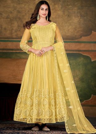 Yellow Thread Embroidered Anarkali Suit Set