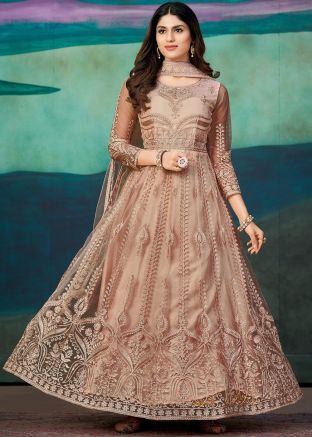 Peach Embroidered Net Abaya Style Suit Set