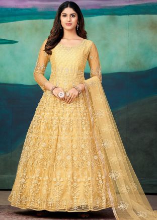 Yellow Anarkali Suit In Thread Embroidery