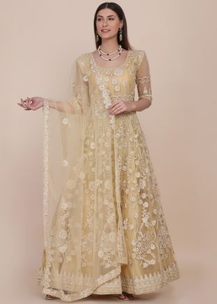 Cream Net Anarkali Suit Set In Thread Embroidery