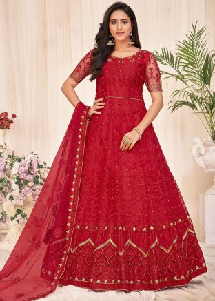 Red Thread Embroidered Net Anarkali Style Suit