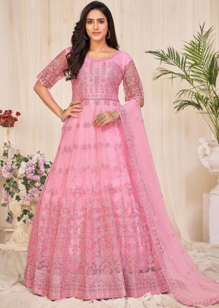 Pink Anarkali Style Suit In Thread Embroidery