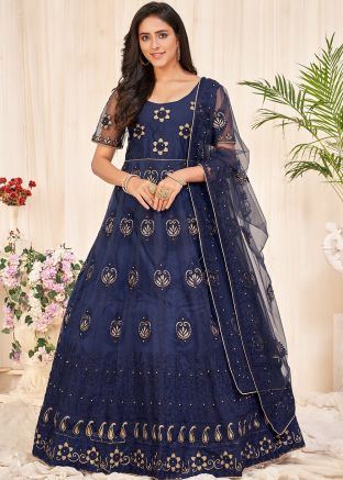 Navy Blue Thread Embroidered Anarkali Style Suit