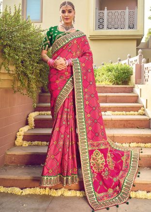 Pink Gota Embroidered Border Silk Saree & Blouse