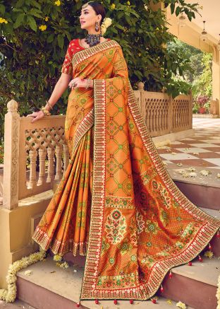 Orange Zari Woven Saree In Silk