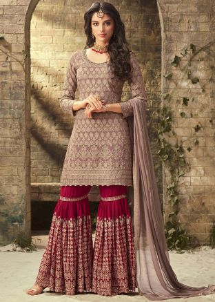 Purple Embroidered Georgette Gharara Suit Set