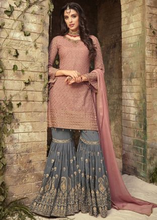 Mauve Pink Gharara Suit Set In Georgette