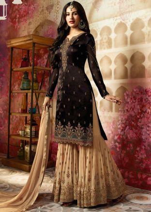 Amaira Dastur Brown Gharara Suit Set In Satin
