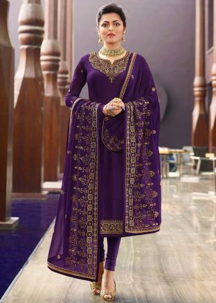 Purple Embroidered Satin Salwar Kameez