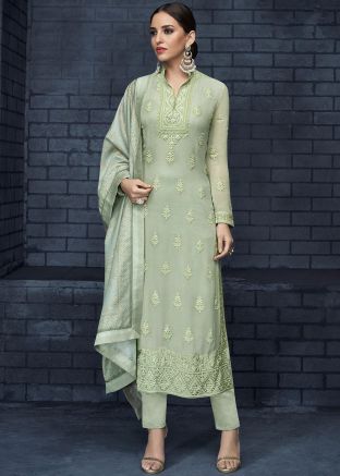 Green Embroidered Straight Cut Pant Suit