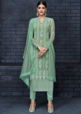 Green Georgette Embroidered Pant Suit Set