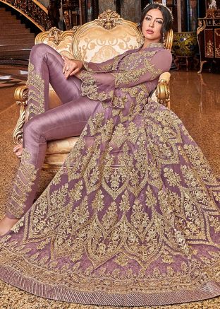 Purple Net Embroidered Slit Style Suit 