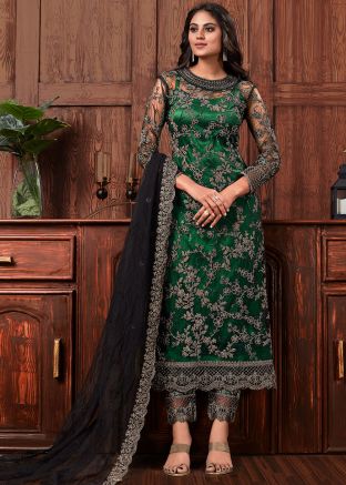 Green Net Embroidered Pant Style Suit