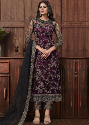 Purple Embroidered Pant Suit In Net