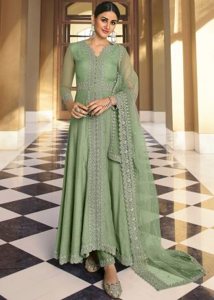 Green Embroidered Art Silk Anarkali Suit