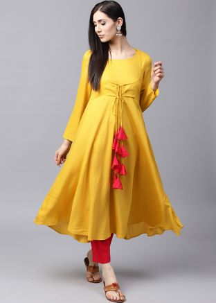 Readymade Yellow Rayon Long Kurta With Pant