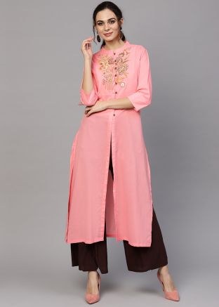 Readymade Light Pink Front Slit Kurta With Pant