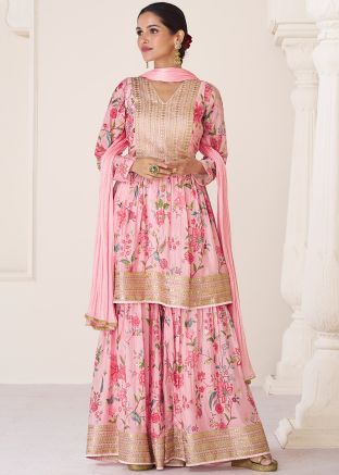 Readymade Pink Floral Printed Gharara Suit & Dupatta