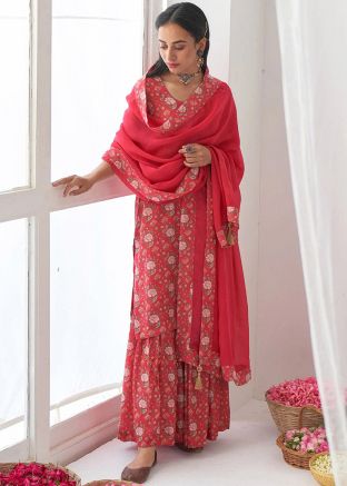 Readymade Red Digital Floral Print Gharara Suit