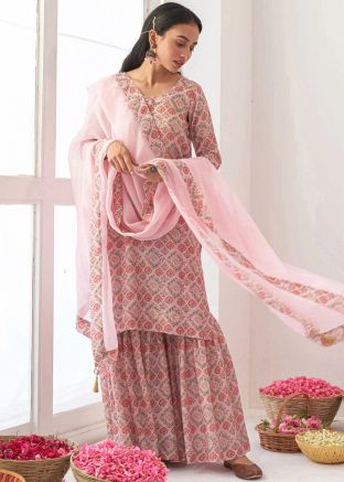Pink Readymade Floral Printed Gharara Suit