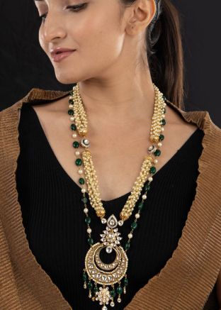 Green Kundan Studded Multichain Necklace