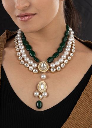 White & Green Kundan Studded Necklace