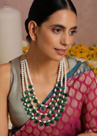 Green Stones & Pearls Multichain Necklace