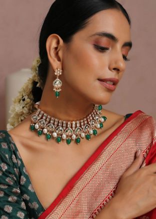 Green & White Kundan Studded Necklace Set