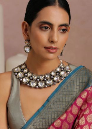 Grey Studded Kundan Necklace Set