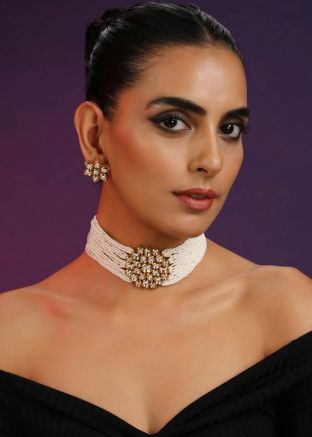 White Beaded Choker Necklace Set