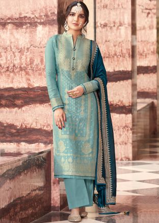 Blue Embroidered Pant Suit Set In Art Silk