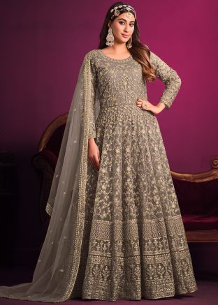 Grey Net Embroidered Anarkali Suit Set
