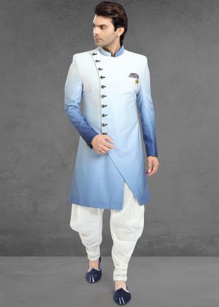 Blue and White Shaded Asymmetric Lycra Sherwani Dhoti Set