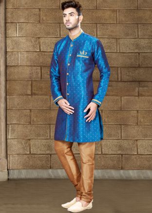 Readymade Blue Woven Art Silk Sherwani 