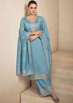 Blue Art Silk Embroidered Palazzo Suit Set