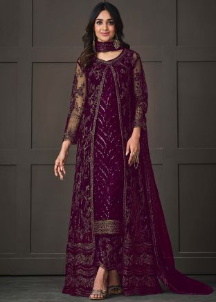 Purple Embroidered Jacket Style Pant Suit Set