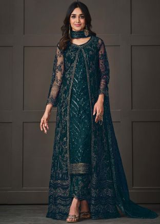 Teal Blue Embroidered Pant Suit Set With Jacket