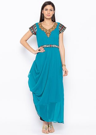 Blue Readymade Asymmetric Kurta Set In Georgette