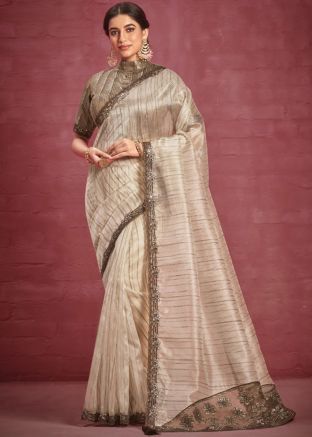 Beige Embroidered Border Organza Saree