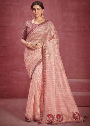 Peach Stripes Printed Saree In Organza