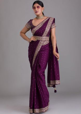 Purple Embroidered Art Silk Saree