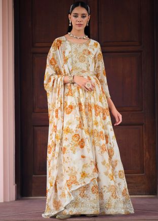 Cream Sequins Embroidered Anarkali Suit Set